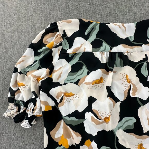 Ann Taylor Factory Petite Top XSP Puff Sleeves Floral Semi Sheer V-Neck - Picture 9 of 10